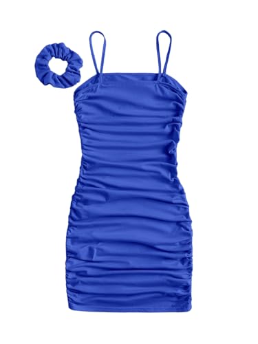 SOLY HUX Girl's Ruched Sleeveless Bodycon Pencil Cami Midi Dress with Hair Scrunchies