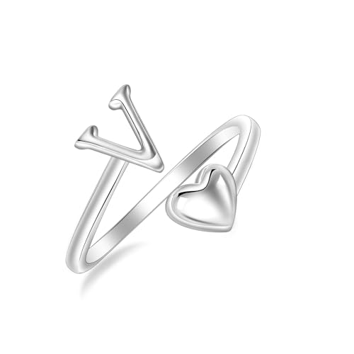 SILBERTALE Anillos de plata de ley 925 con iniciales A-Z para mujer, anillo ajustable en forma de corazón, apilable, anillos de promesa para el pulgar, joyería de moda con caja de regalo