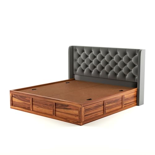 Image of Solid Sheesham Wood King Size Bed with Storage | Wooden Double Bed Cot Bed with Box Storage & Velvet Upholstered Cushioned Headboard for Bedroom (Honey C, King)