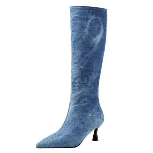 XINXINIO - Botas de mezclilla para mujer con tacón de gatito, azul claro, 37 EU