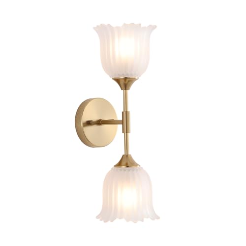 BYOLIIMA 2-Lights Gold Wall Sconce with Frosted Glass Shades Modern Mid Century Bathroom Vanity Wall Light Fixtures Industrial Brushed Brass Wall Lamp for Bedroom Mirror Living Room Restaurant