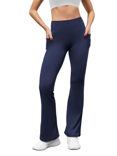 Glacspyg Damen Hose mit Taschen Yogahose Freizeit Jogginghose High Waist Sporthose Elastische Weite Bootcut Jazzpants Marineblau M
