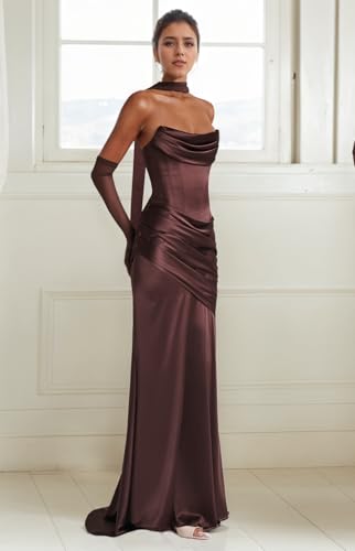Strapless Bridesmaid Dress with Neck Scarf Ruched Mermaid Evening Dresses Satin Prom Dress for Women4