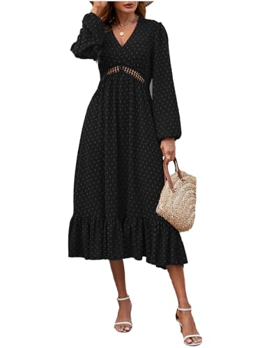 JENJON Mujer Vestidos Cuelle en V Manga Larga Cintura Alta Puntos Volantes Maxi Vestido Otoño Invierno D Negro M