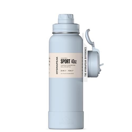 Hydrapeak 40oz Sport Insulated Water Bottle with Straw & Chug Lid, Leak & Spill Proof, Keeps Drinks Cold for 24 Hours, Hot for 12 Hours, Premium Stainless Steel Water Bottles (40oz, Ice Blue)
