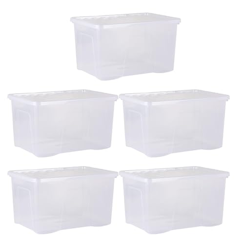 5-Pack x 60L Stackable Plastic Storage Boxes with Lids Large Crystal-Clear Storage Bins for Home Office Garage Toys Clothes & More Durable Stackable Space-Saving Organization Containers