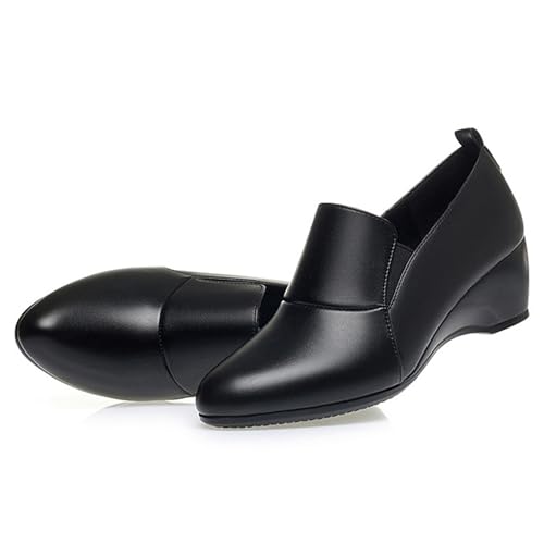 Image of Women's Leather Wedge Round Toe Dressy Shoes Comfortable Soft Leather Platform Slip On Casual Loafers Suitable for Driving Business Work Walking
