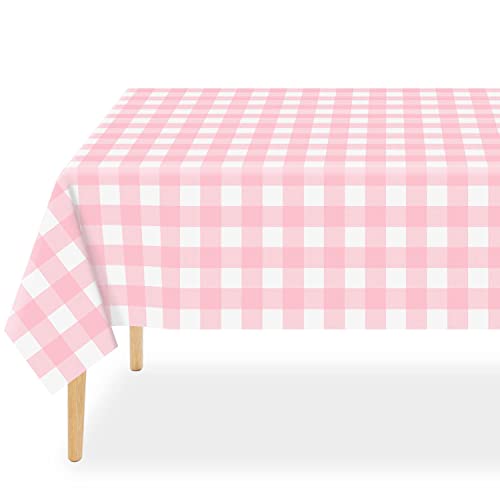 QIKSION Pink Gingham Tablecloth Disposable 2 Pack, 54 x 108 Inch Pink and White Checkered Table Cloth for Rectangle Tables, Plastic Table Cover