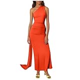 Generisch Vestido de noche largo y elegante para boda, vestido de dama de honor, vestido de fiesta de baile, vestido de cóctel, vestido de un solo hombro con escote asimétrico, vestido maxi, naranja