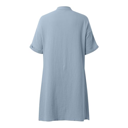 Kleider Baumwolle Damen Sommer, Musselin Kleid Damen Sommerkleid Mit Taschen Blusenkleid Kleider Sommer Knielang Musselinkleid Luftige Strandkleid Kleid Mit Knopfleiste Kurzarm Hemdkleid Blau M-5