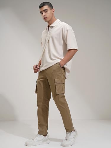 Image of Highlander Men's High-Rise Straight-Fit Cargo Trousers | Utility Pockets | Fashion & Function Blend | Carpenter Fit | Men Trousers | Trousers for Man |Cargo Pants for Men
