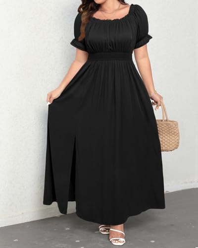 Image of Holipick Women's Off The Shoulder Boho Dress Plus Size Floral Smocked Waist Split Summer Maxi Sundress with Pockets