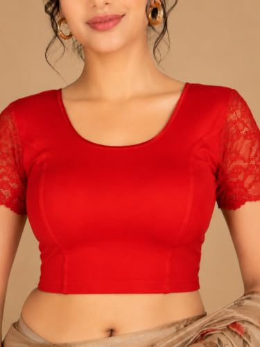 Image of Abhi Cotton Readymade Saree Blouse for Women- Half Net Sleeves, Round Neck, Regular-fit, Stretchable, Pull-on Style Blouse