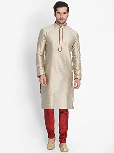 Image of VASTRAMAY Men's Beige Cotton Silk Blend Kurta and Pyjama Set VASMK047BGnPMA 40