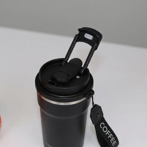 Image of Travel Coffee Tumbler with Lanyard - Insulated Stainless Steel Mug, Leak-Proof, Keeps Hot 6H & Cold 8H - Black, 400 ML