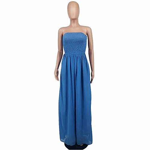 Ophestin Women's Strapless Tube Wide Leg Jumpsuits Smocked Casual Off Shoulder Loose Long Pants One Piece Jumpsuits Rompers Blue M #TOP3