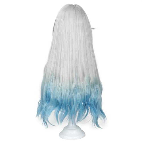 Image of Anime Gray Blue Wigs Women Long Wave Wig with Bangs Heat-Resistant Fiber Wig COS Game Wigs Halloween,Christmas,Comic con,Game Show,Party