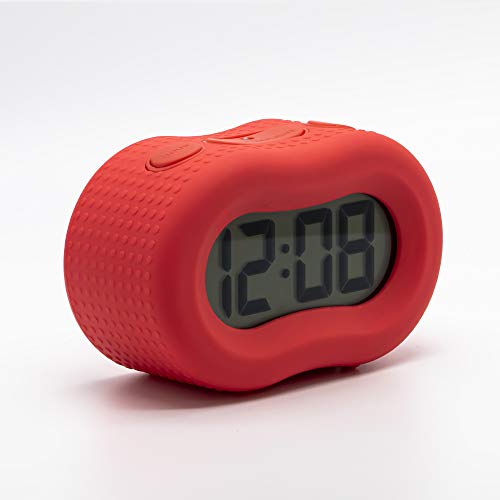 Image of Timelink Smartlight Rubber Alarm Clock with Automatic Night Light and Large Display - Easy-to-Use Digital Alarm with Snooze, Soft Rubber Case, Battery Operated, for Kids and Adults (Red)