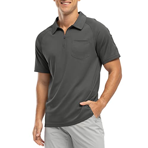 Rdruko Mens Polo Shirts Short Sleeve Summer 1/4 Zip Neck Work T-Shirs Breathable Wicking Quick Dry Casual Smart Golf Tops with Pocket Dark Grey S