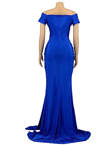 Image of Women Sexy Off Shoulder V Neck Ruched Maxi Dress, Women's Off Shoulder High Split Long Formal Party Dress Evening Gown, Women's Formal Evening Party Maxi Dresses (Royal Blue, S)