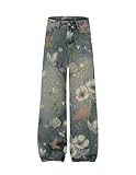 Aelfric Eden Plant Flower Print Baggy Jeans Men Harajuku Wide Leg Jeans Y2k Hip Hop Boyfriend Denim Pants Blue