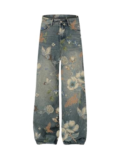 Aelfric Eden Plant Flower Print Baggy Jeans Men Harajuku Wide Leg Jeans Y2k Hip Hop Boyfriend Denim Pants
