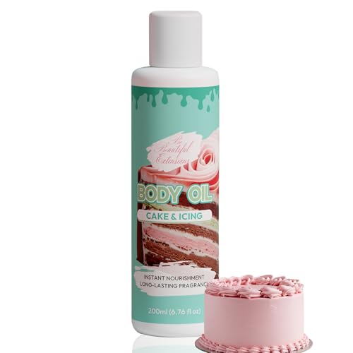 Image of Body oil designed for Deep Hydration to nourish, protect, and rejuvenate the skin while leaving it with a soft, radiant glow and a cake & icing scent long -lasting fragrance, jojoba oil and more