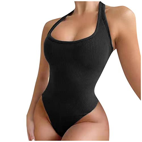 Hatoys Strappy Ribbing Bodysuit Elastic Scoop Neck Sleeveless Onesie Bodycon Triangle Bottom Tank Tops Womens Unitard