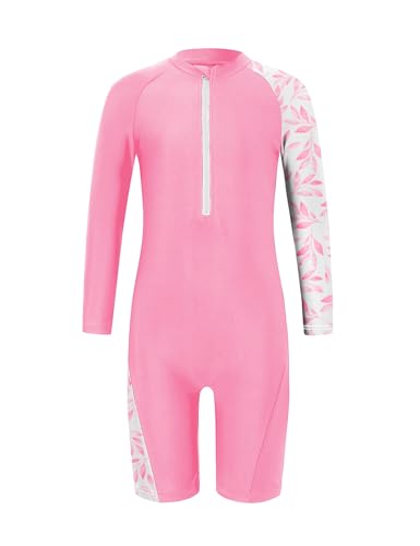 Image of Girls One Piece Rash Guard Swimsuit Long Sleeve Swimsuits with Zipper Patchwork Beach Bathing Suit for Kids 4-13 Years