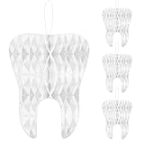 4 Pack 12 Inch White Tooth Honeycomb Decorations, Hanging Tissue Paper Ornaments, 3D Dental Theme Decorations for Dentist Office, Dental Student Graduation, Classroom, and Clinic Décor