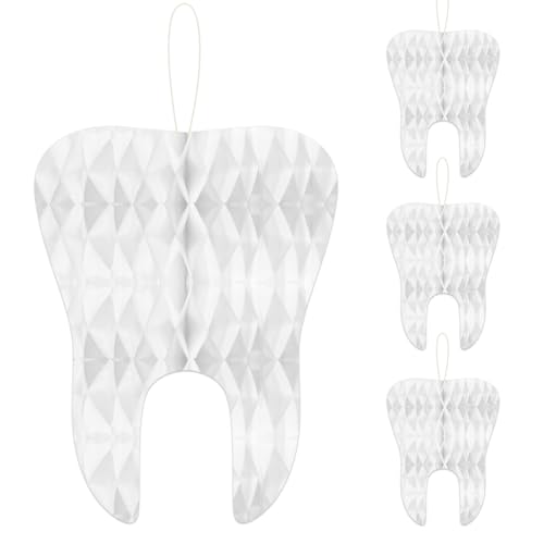 4 Pack 12 Inch White Tooth Honeycomb Decorations, Hanging Tissue Paper Ornaments, 3D Dental Theme Decorations for Dentist Office, Dental Student Graduation, Classroom, and Clinic Décor