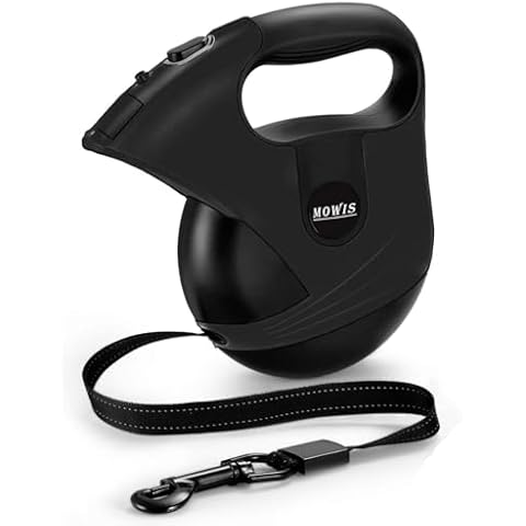 16ft Retractable Dog Leash 360° Tangle-Free MOWIS Dog Walking Lead for S/M/L Breeds up to 175lbs, LED Nightlight, One-Hand Brake System, Anti-Slip Handle Cover