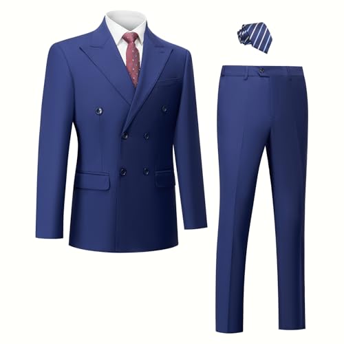 Mens 2 Piece Suit Slim Fit Double Breasted Solid Color Tuxedo Blazer Pants for Prom with Tie2