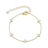 Bheop Bracelets for Women 14K Real Gold Plated Bracelet Small Clover Flower Charm Pendant Stackable Link Chain Hypoallergenic Body Jewelry Cute Trendy Gifts