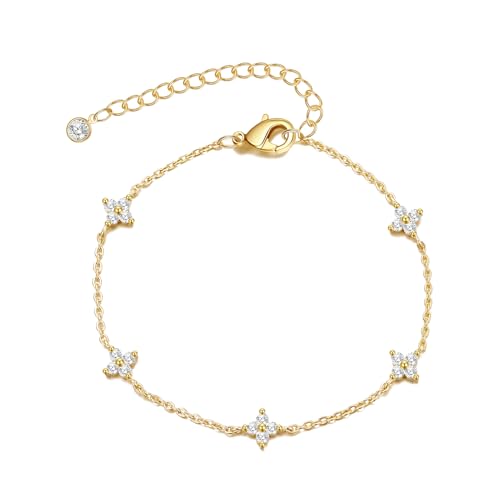 Bheop Bracelets for Women 14K Real Gold Plated Bracelet Small Clover Flower Charm Pendant Stackable Link Chain Hypoallergenic Body Jewelry Cute Trendy Gifts
