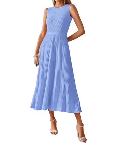 BTFBM Women Tank Midi Dress Summer Crewneck Sleeveless Pleated A
