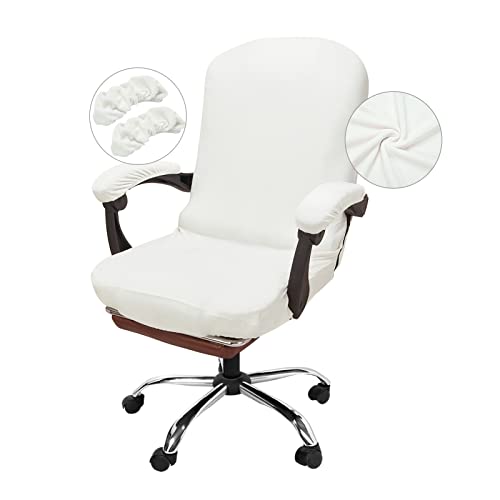 NeColorLife Velvet Office Chair Cover with Armrest Covers - Stretchable High Back Desk Computer Chair Slipcover for Large Rotating Boss Chairs (Large,Ivory White)