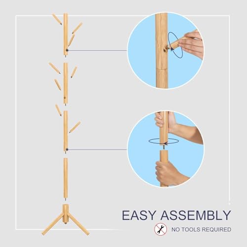 Image of Ash & Roh Natural Wooden Coat Rack Stand With Hooks Adjustable Height, Easy Assembly, Sturdy Solid Base for Coats, Hats, Handbags Entryway, Hallway, Bedroom, Office (Beige, 92-2)