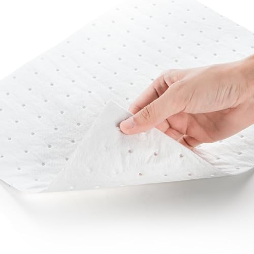 Image of Okllen 100 Pack Oil Absorbent Pads, Single Weight Dimpled Pad, Oil Spill Mat for Absorbing Protecting Home Garage Basement, 13 inchx10 inch, White