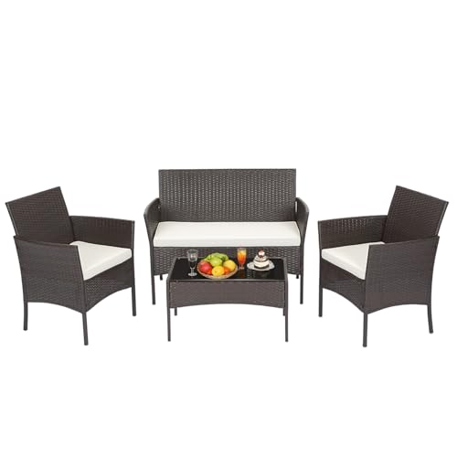 Image of FDW 4-Piece Patio Furniture Set | Brown | Outdoor Wicker Furniture
