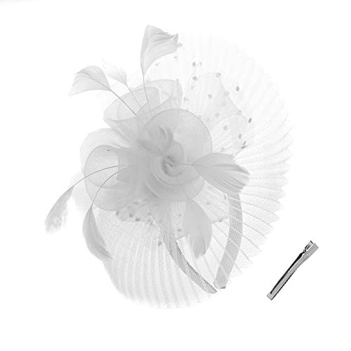 FELIZHOUSE Fascinators Hat for Women Tea Party Headband Church Wedding Cocktail Flower Mesh Feathers Hair Clip White