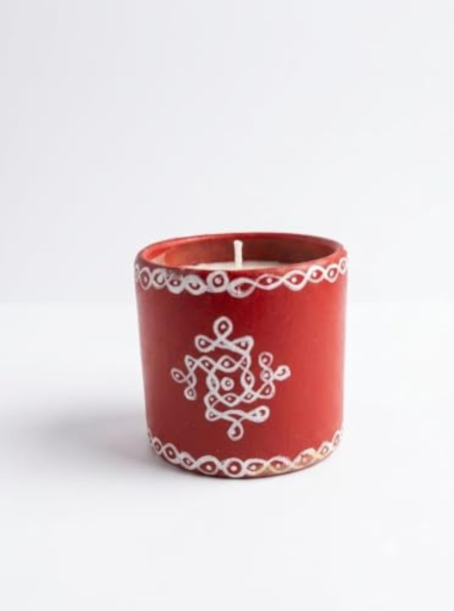 Hand-Painted Terracotta Candle in Red Kolam Design Pot