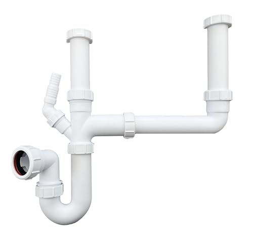 PlumbEZ Double Bowl Sink Waste Kit and Half Bowl Trap Kit - Multi-Fit 1.1/2 40mm Double Bowl P Trap Kit with Washing Machine Waste Splitter, Sink Waste Kit BS EN 247-1:2002 75mm Water Seal