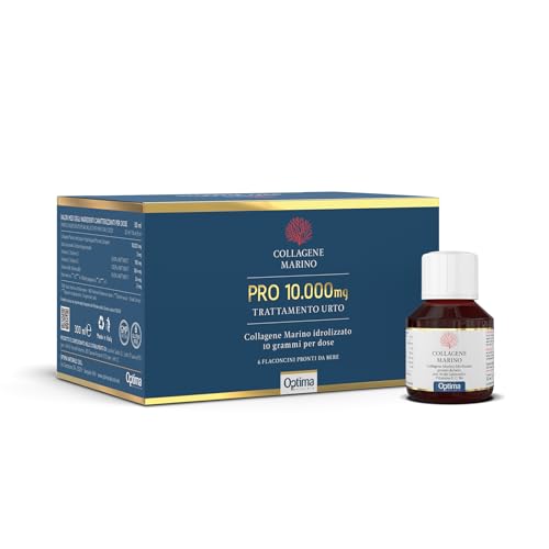 Collagene Marino Pro 10.000 Mg - Trattamento Urto - 10 g di collagene per dose - con acido ialuronico e vitamine E, C e B6-6 flaconcini pronti da bere da 50ml Optima Naturals