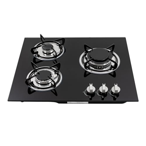 HinLIaDa 23.2' Built-in Gas Cooktop, 3 Burner Stovetop With Thermocouple Protection, Portable Countertop Cooker for RV Camper Caravan Outdoor Apartments (Black Tempered Glass)