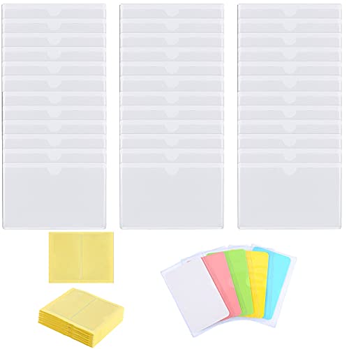 Lunpliran 36 Pieces Self-Adhesive Index Card Pockets Business Card Holders Top Open Crystal Clear Plastic Card Holders Label Holders with 100 Pieces 2x3.5 Inch Index Cards for Organizing Labeling