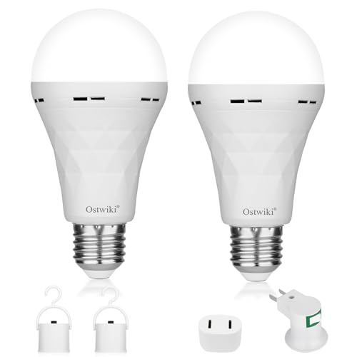 Ostwiki 2 Pack Emergency Rechargeable Light Bulbs,Battery Operated Backup Light Bulb 9W E27 8500K 1200mAh White Equivalent Self-Charging LED Light Bulbs for Power Outage Camping Outdoor Activity