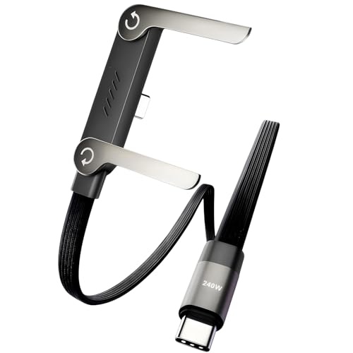 Cabo de carregamento rápido trançado de 240 W com suporte de telefone embutido, cabo carregador durável tipo C para tipo C, cabo USB C dobrável (1,5 m preto)