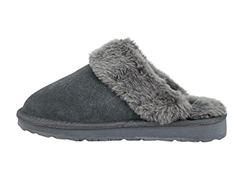 Image of Clarks Womens Open Back Suede Leather Comfort Clog Slipper JMS0583C - Plush Faux Fur Trim - Indoor Outdoor House Slippers For Women