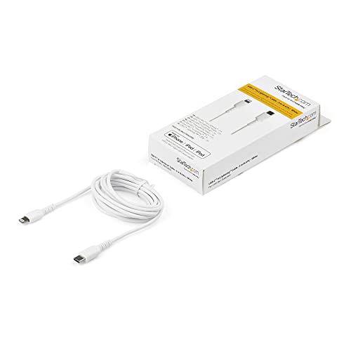 Image of StarTech 6ft /2m USB-C to Lightning Cable White Rugged MFi (RUSBCLTMM2MW) | Aramid fiber, Heavy duty charge and sync cord, Apple MFi Certified, USB 2.0, For iPhone, iPad, Male to Male, TPE jacket, Type